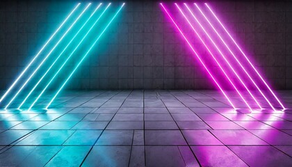 futuristic neon lights glowing in room with glossy concrete tiles floor 3d rendering