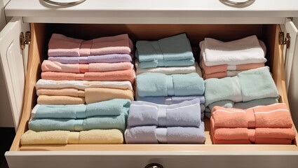a drawer filled with folded towels and folded towels