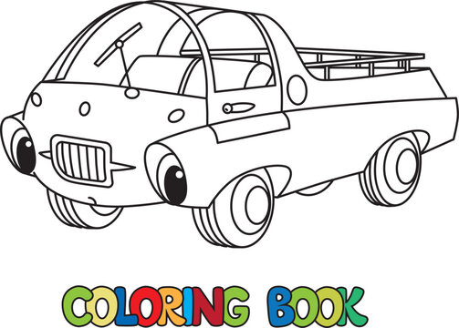 Funny small retro car with eyes. Coloring book
