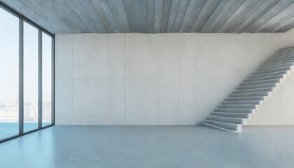 abstract empty modern concrete room with wall and stairs 3d rendering