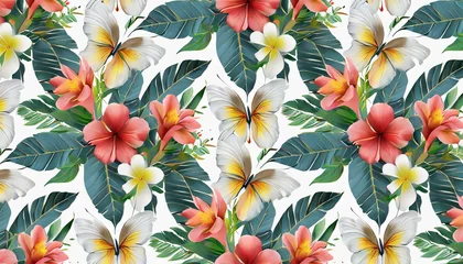 Keuken spatwand met foto floral seamless pattern tropical flowers bouquets plumeria protea hibiscus glasswinged butterflies exotic leaves fresh foliage hand drawn vintage 3d illustration good for luxury wallpapers © Florence