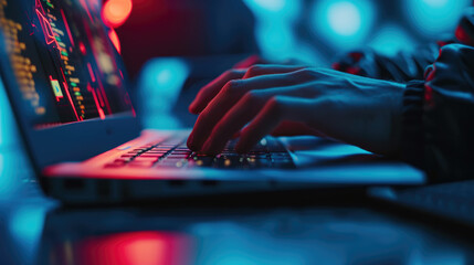 Close-up of a person's hands typing on a backlit laptop keyboard with a screen displaying what appears to be a warning or error message