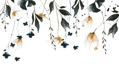 Watercolor painted floral seamless border frame. Black ginko biloba leaves, orange poppies, dark blue wild flowers, branches. Hand drawn illustration template. Watercolour artistic template design.