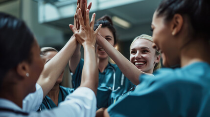 Group of medical professionals in scrubs and white coats, putting their hands together in a unified gesture