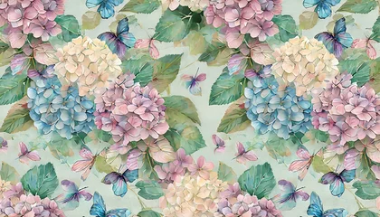 Tuinposter watercolor painting with hydrangea flowers bouquets butterflies seamless pattern luxury wallpaper beautiful art 3d illustration pastel colors pink purple turquoise beige digital paper © Florence