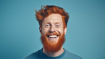 close-up portrait of ginger bearded man showcasing a bright smile with pristine teeth, utilized for a dental advertisement, blue studio background. Guy with modern stylish haircut. Generative AI