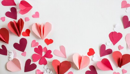 pink and red paper cut hearts on a white background for valentine s day