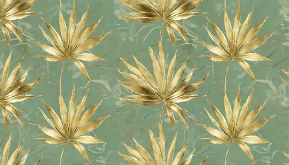 tropical luxury seamless pattern with golden mustard palm leaves on light green background hand drawn vintage illustration and texture good for wallpapers wrapping paper cloth fabric printing