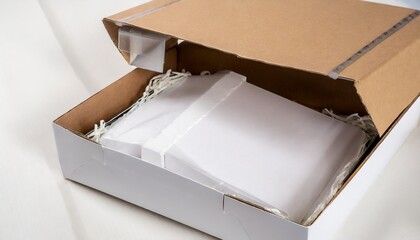cardboard box with white wrapping paper and opened cover horizontal
