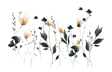 Watercolor painted floral growing arrangement of black ginko biloba, orange poppy, blue wild flowers, dark leaves, branches. Hand drawn illustration. Watercolour artistic drawing.