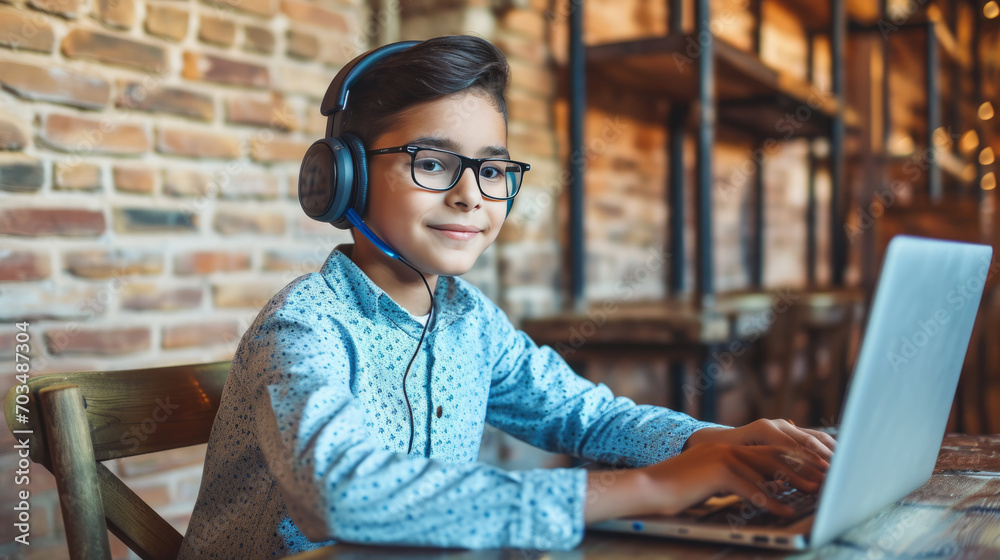 Poster Smiling young boy wearing glasses and headphones, using a laptop, participating in an online class