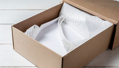 cardboard opened box with white wrapping paper horizontal