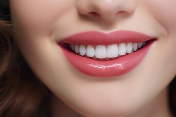 Fototapeta premium A young attractive woman with pink lips painted with lipstick smiles a snow-white smile with perfectly even, clean and healthy teeth. Close-up view. Advertising of a dental clinic. Generative AI.