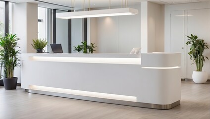 a white reception counter sitting in a lobby