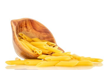 Uncooked pasta, penne, with wooden cup, macro, isolated on white background.