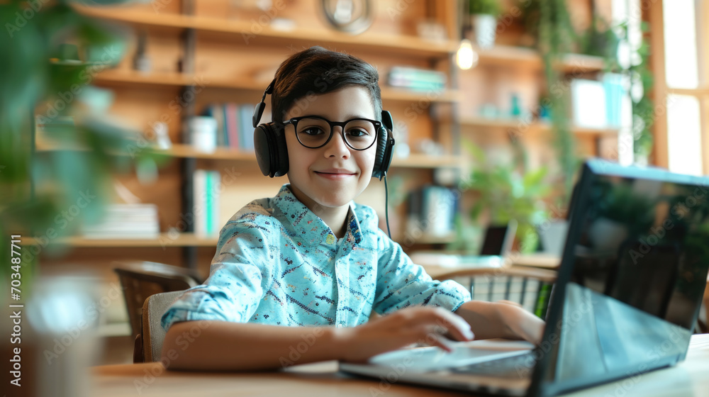 Poster Smiling young boy wearing glasses and headphones, using a laptop, participating in an online class