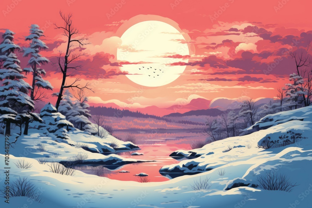 Sticker Snowy Evening Landscapes - Generative AI