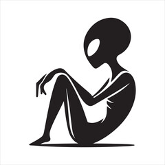 Alien vector silhouette illustration black color, Alien pose vector art, isolated white background