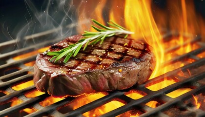 beef steak grilled on bbq with flames generated by ai - obrazy, fototapety, plakaty