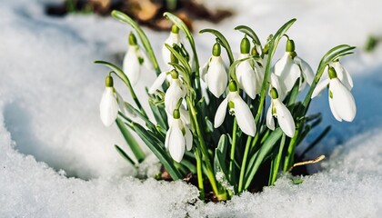 snowdrop flowers blooming in snow covering first flowers