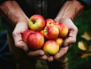 Close up of farmer male hands picking fresh apples. the front view. Organic food, harvesting and farming concept