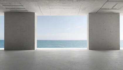 abstract empty modern concrete room with wall openings rough floor and ocean view industrial interior background template