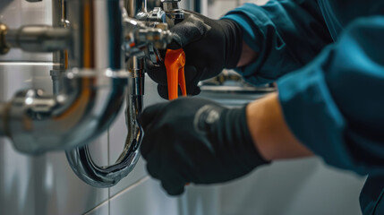 Plumber's hands using an pipe wrench to work on the chrome P-trap under a white sink - obrazy, fototapety, plakaty