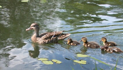 mother duck with ducklings swims in a pond