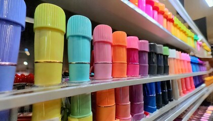 retail display shelf of colorful marker pens - obrazy, fototapety, plakaty