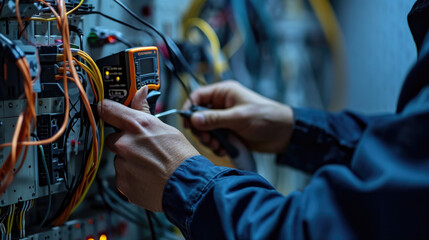 A technician in professional attire is carefully using a digital multimeter to check or troubleshoot an electrical panel