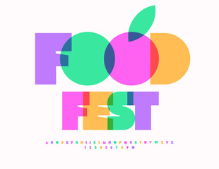 Vector trendy banner Food Fest. Bright Colorful Font. Set of Creative Alphabet Letters and Numbers