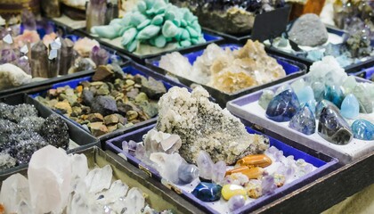 variety of rock mineral and crystals on display in rock shop