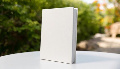 white book mockup with textured hardcover on white table outdoors