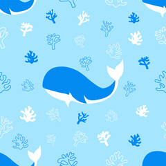 Happy cute sweet whale seamless wallpaper blue background vector.