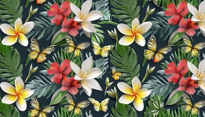 Stof per meter floral seamless pattern tropical flowers bouquets plumeria protea hibiscus glasswinged butterflies exotic leaves fresh foliage hand drawn vintage 3d illustration good for luxury wallpapers © Florence