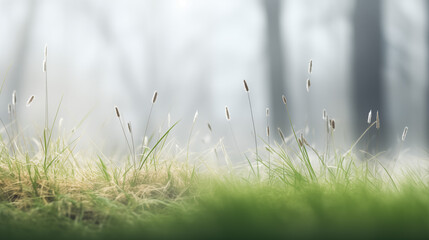 Imagen minimalista con cesped en primer plano y fondo desenfocado de un bosque en primavera 