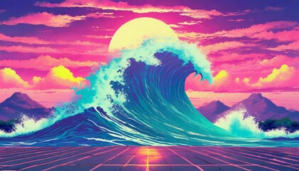japanse giant tsunami wave in the synthwave outrun cyberpunk ai generated - obrazy, fototapety, plakaty