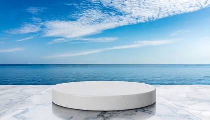 white marble podium with ocean sky background created with technology