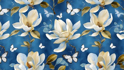 Fototapeta na wymiar floral background seamless pattern big magnolia flowers butterflies watercolor vintage 3d illustration blue abstract background luxury wallpaper cloth tapestry fabric printing modern design