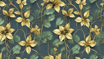 dark golden vintage ivy leaves beautiful delicate flowers floral seamless pattern hand drawn premium 3d illustration glamorous exotic tropical background luxury wallpapers cloth mural print