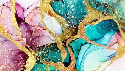 luxury alcohol ink background with coloured elements fluid art wallpaper hand drawn painting for print abstract texture with gold glitter