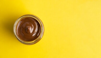 nutella jar on a yellow background top view flat lay with copy space