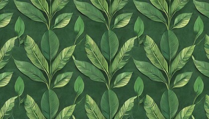 luxury texture premium wallpaper mural seamless pattern green tropical leaves dark background 3d illustration watercolor technique digital wall art paper cloth fabric printing interiors