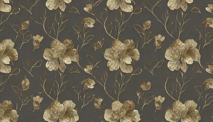 floral seamless pattern with vintage hydrangea flowers leaves fireflies luxury 3d illustration premium wallpaper glamorous art bronze texture dark background fabric printing cloth posters