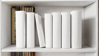white books mockup in bookshelf 3d rendering