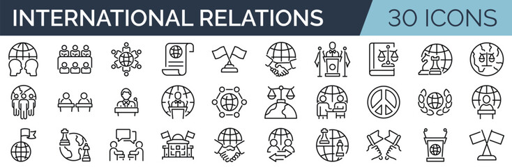 Set of 30 outline icons related to international relations. Linear icon collection. Editable stroke. Vector illustration - obrazy, fototapety, plakaty