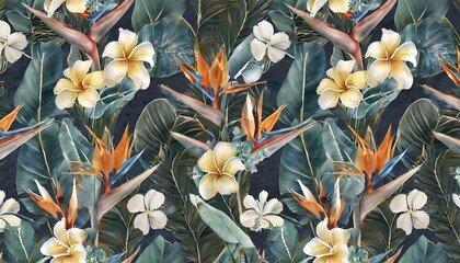 tropical seamless pattern with exotic leaves strelitzia flowers hibiscus and plumeria vintage...