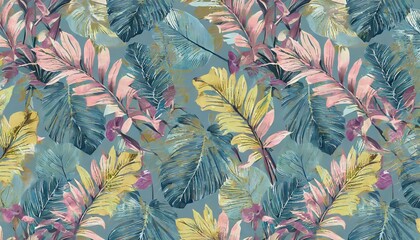 pastel color banana leaves palms tropical seamless pattern hand painted vintage 3d illustration...