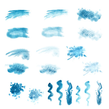 Watercolor blue spots, splashes for the image of the sea, waves, sky, clouds, fog, background, abstract seascapes with texture. Illustrations are isolated on a white background