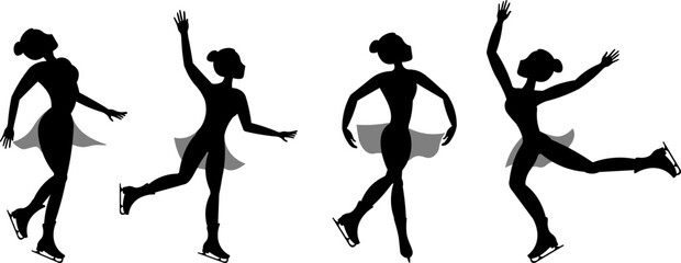 Figure skating. Illustrated winter sports. Set of silhouettes of women skating. Elements of figure skating.